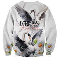 White unisex sweatshirt with mute swan artwork and chamomile daisies, crewneck