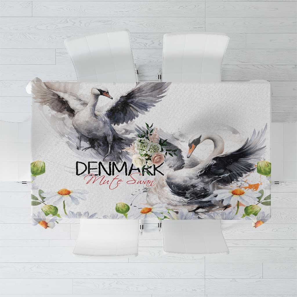 White tablecloth with Mute Swan illustration and flowers, gray swans in the center.