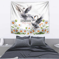 White swan tapestry with two grey mute swans, chamomile daisies, and “DENMARK” text