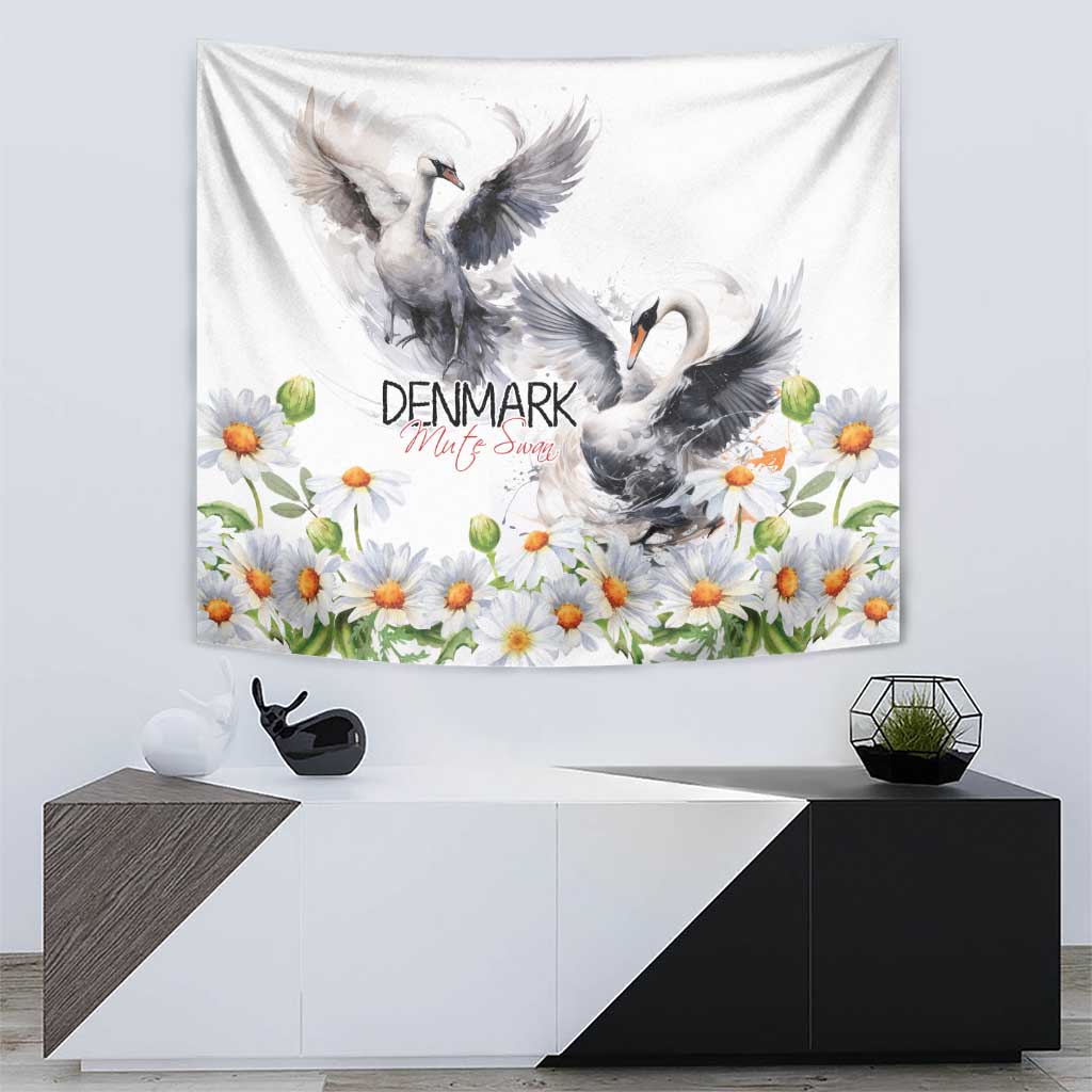 White wall tapestry featuring two grey swans among chamomile daisies and “DENMARK”