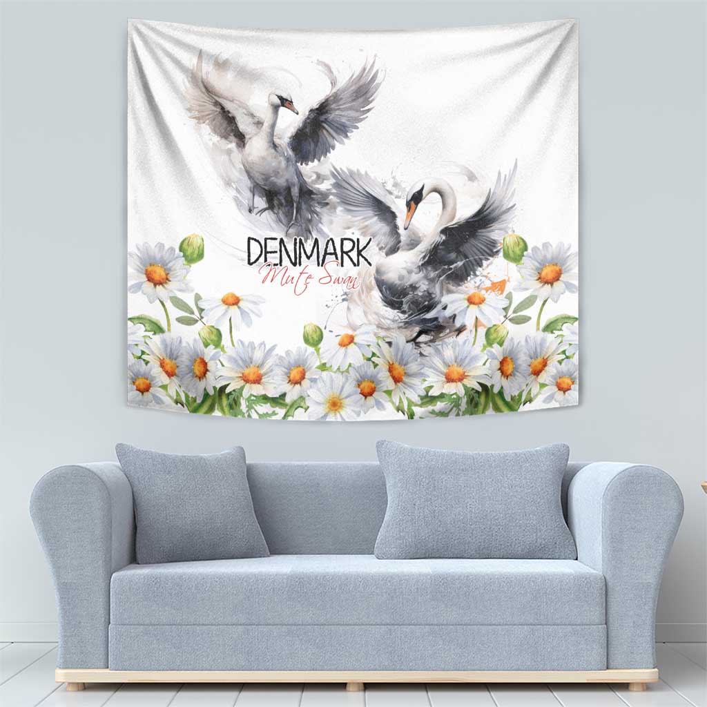 White tapestry with two grey mute swans, chamomile daisy flowers, and “DENMARK”