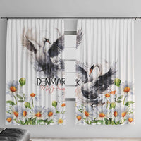 White window curtain with printed mute swans and chamomile daisy flowers.