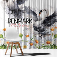 White sheer-style window curtain with mute swan artwork and chamomile daisies.