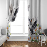 White window curtain with a mute swan and chamomile daisy floral border.