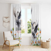 White window curtain set with mute swans and chamomile daisy flower pattern.