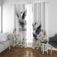 White curtain panels with printed mute swans and chamomile daisy floral details.