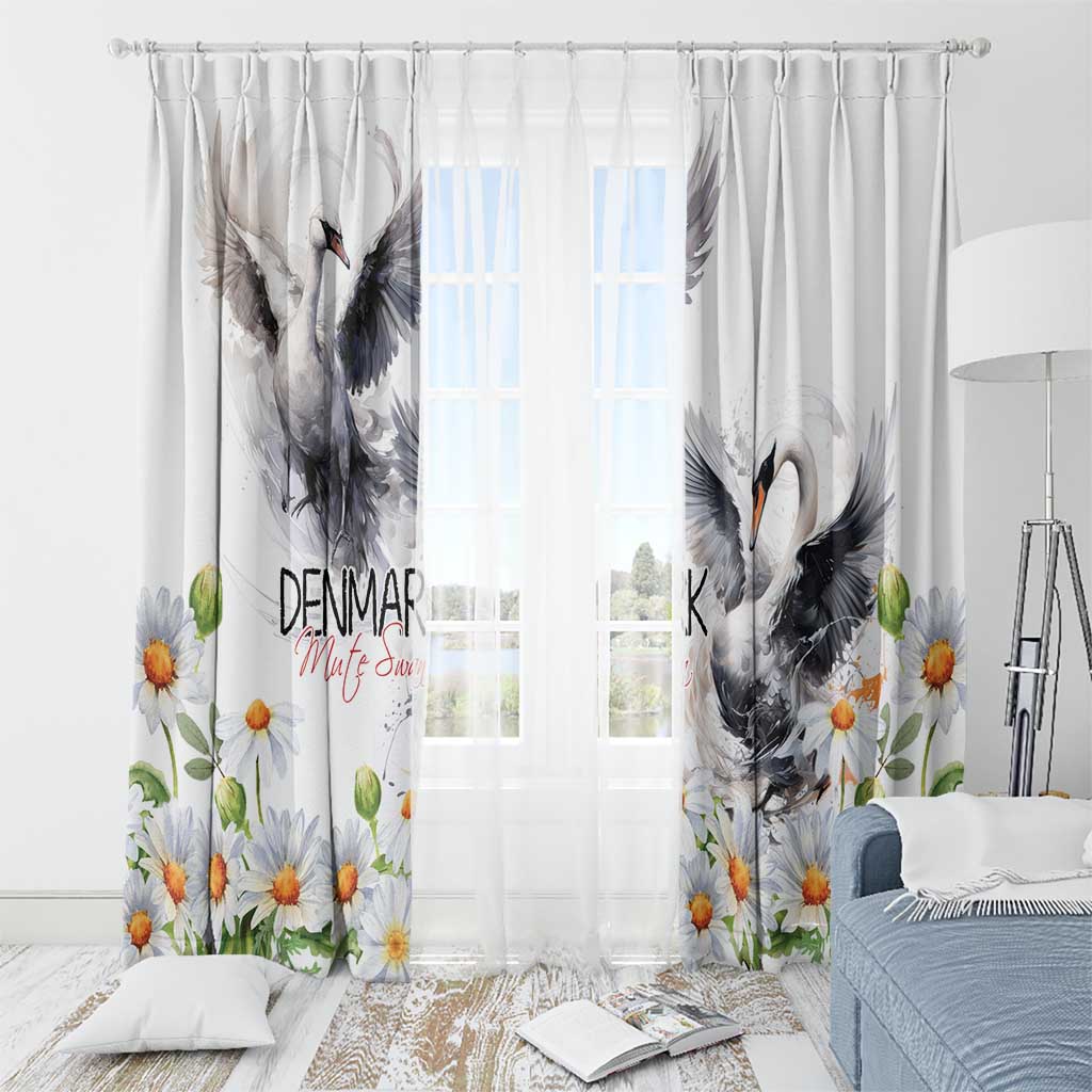 White window curtain with mute swan artwork and chamomile daisy flower print.