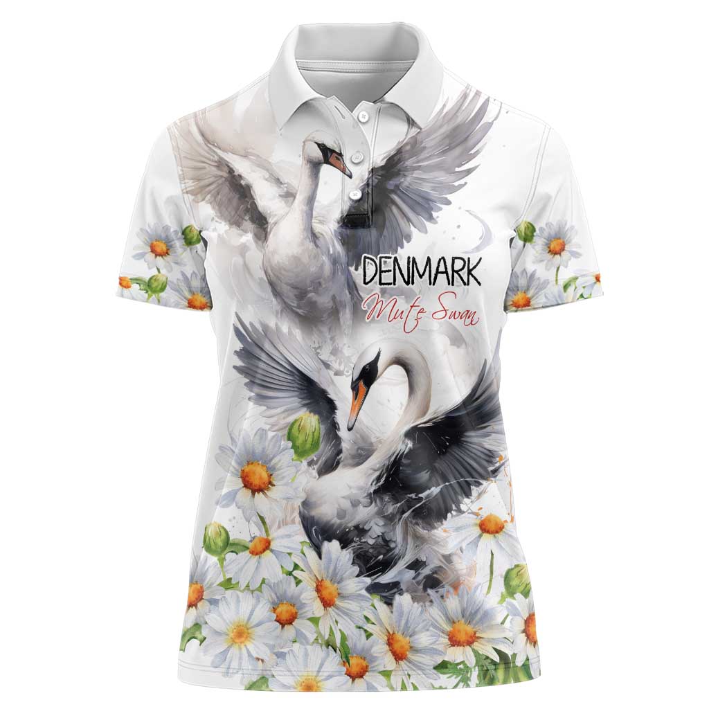 Denmark Mute Swan Women Polo Shirt Wth Chamomile Daisy Flowers