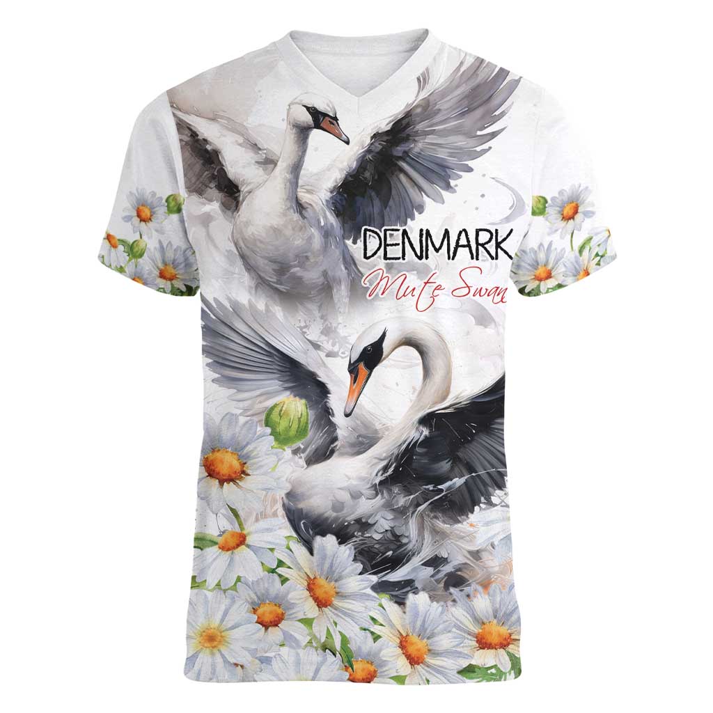 Denmark Mute Swan Women V-Neck T-Shirt Wth Chamomile Daisy Flowers