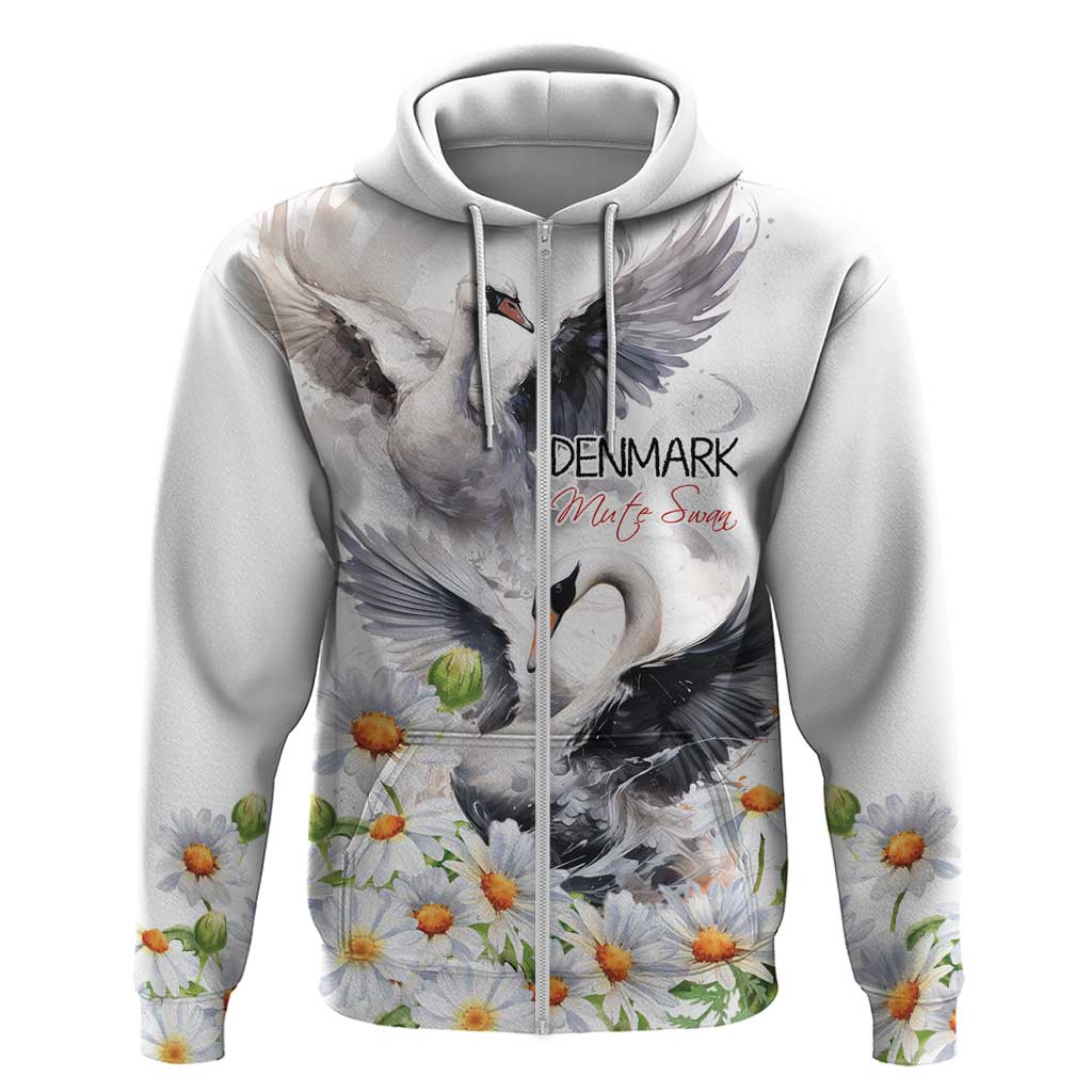 Denmark Mute Swan Zip Hoodie Wth Chamomile Daisy Flowers