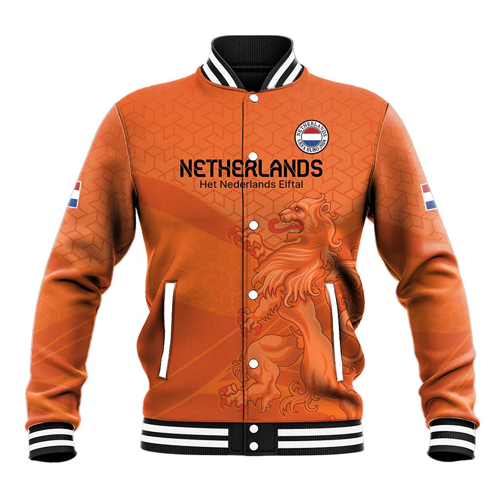 Orange baseball jacket with button front, Netherlands crest and lion graphic, striped cuffs