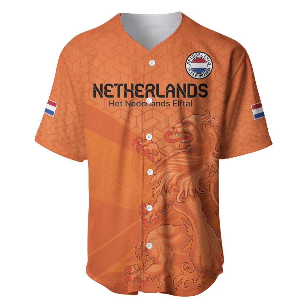 Orange Netherlands football baseball jersey, V-neck with button placket and crest front graphic