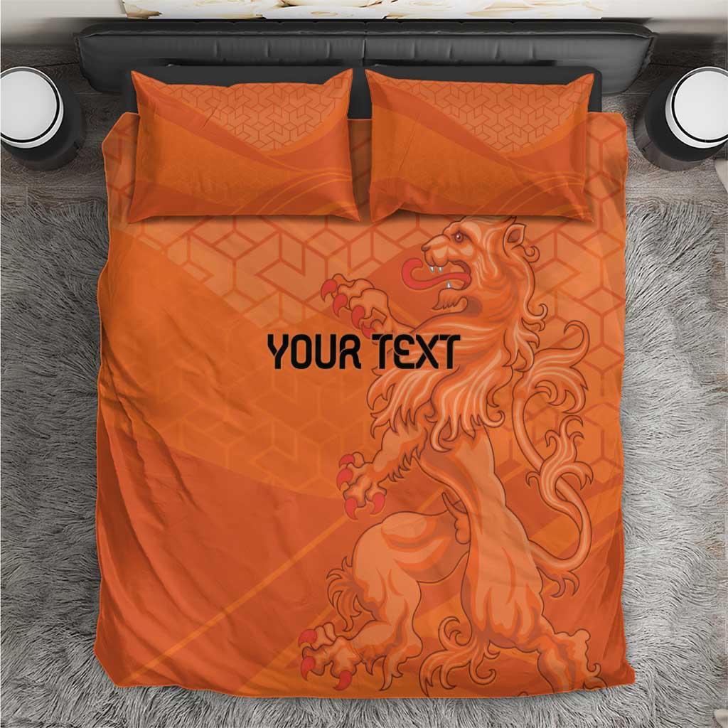 Orange bedding set: lion emblem and 'YOUR TEXT' print on duvet and two pillowcases