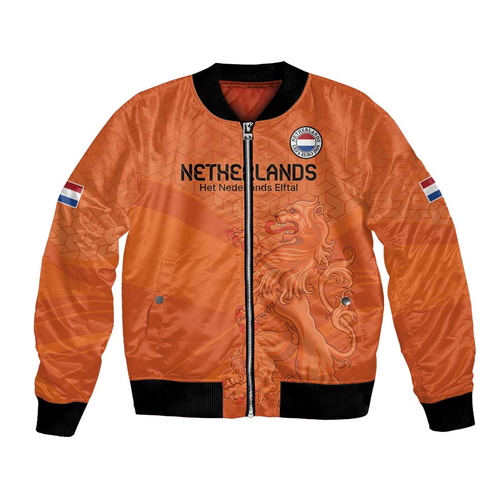 Orange unisex bomber jacket, front zipper, Netherlands crest, lion graphic, sleeve flag patches
