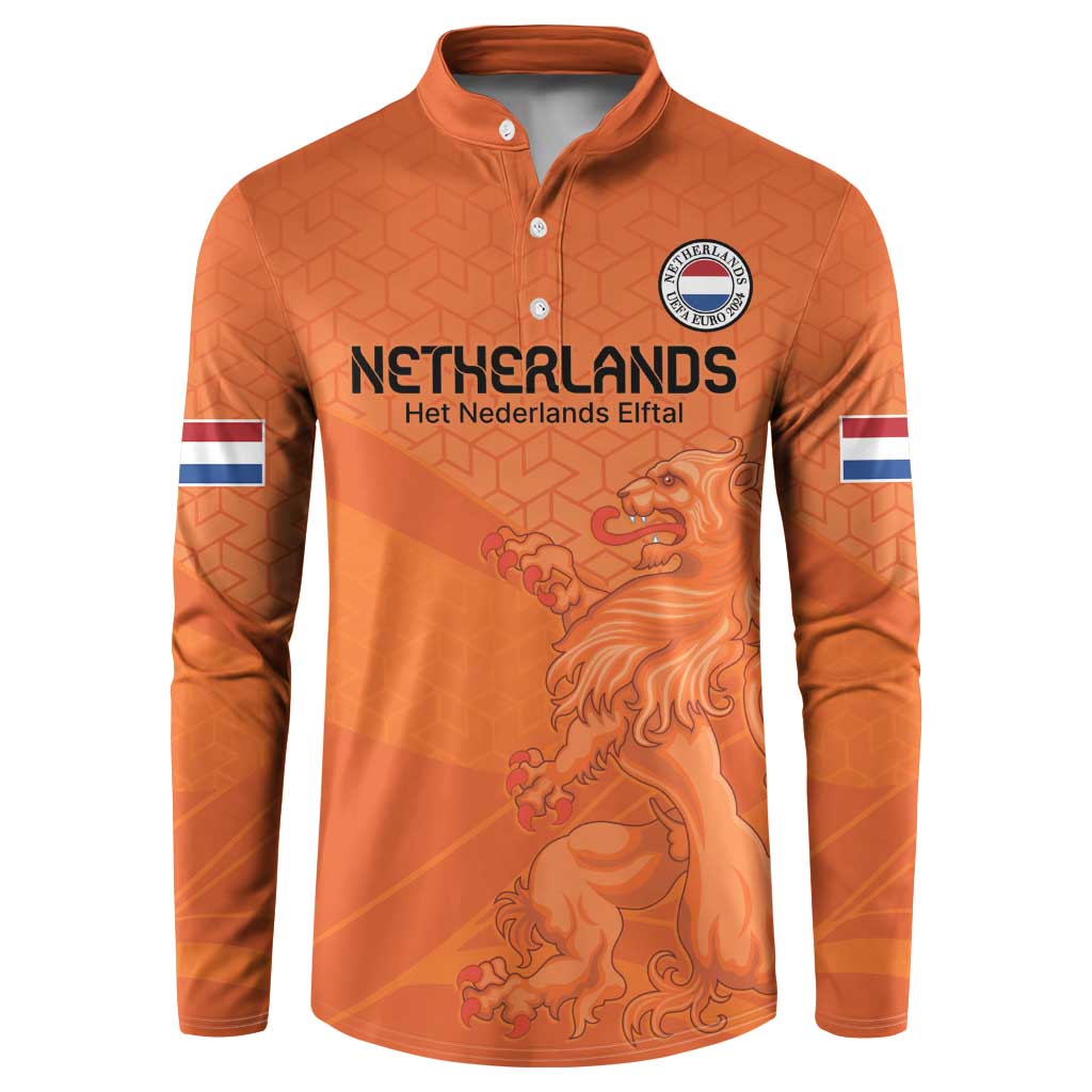 Orange football sweatshirt with button front, NETHERLANDS text, lion graphic, and sleeve flags