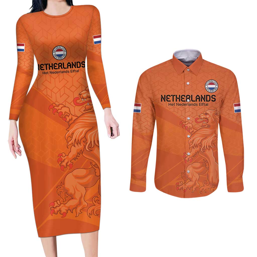 Custom Netherlands Oranje Football Couples Matching Long Sleeve Bodycon Dress and Long Sleeve Button Shirt Come On Het Nederlands Elftal LT9 - Wonder Print Shop