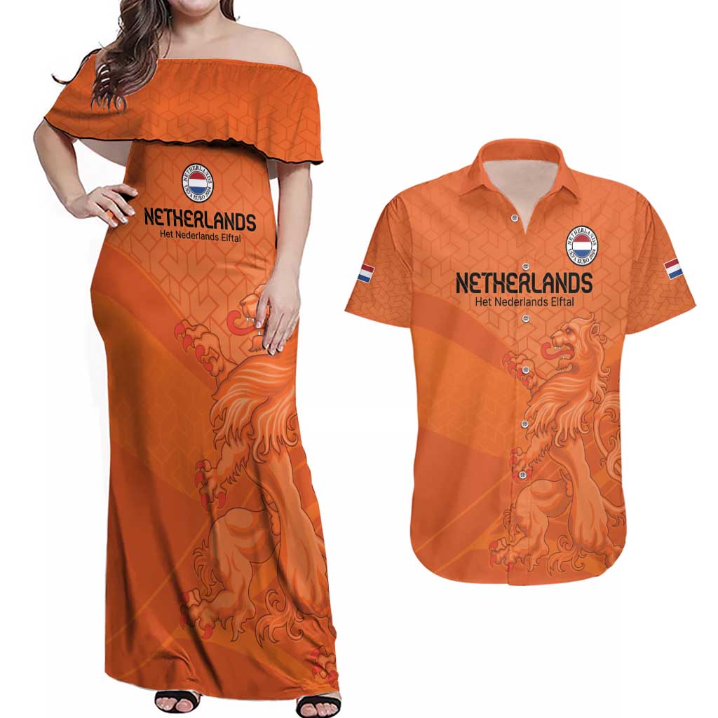 Custom Netherlands Oranje Football Couples Matching Off Shoulder Maxi Dress and Hawaiian Shirt Come On Het Nederlands Elftal LT9 - Wonder Print Shop