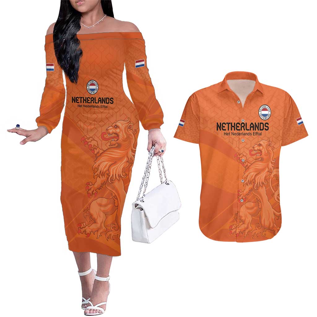 Custom Netherlands Oranje Football Couples Matching Off The Shoulder Long Sleeve Dress and Hawaiian Shirt Come On Het Nederlands Elftal LT9 - Wonder Print Shop