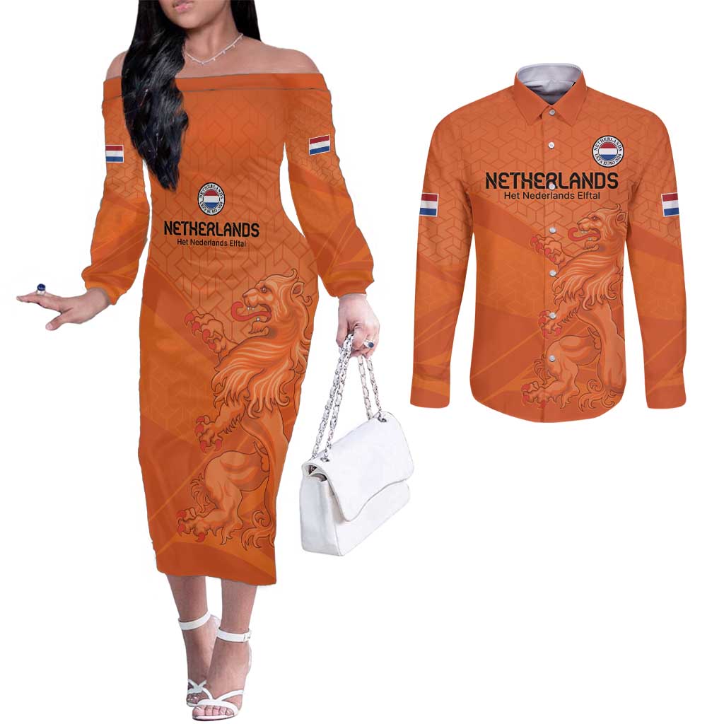 Custom Netherlands Oranje Football Couples Matching Off The Shoulder Long Sleeve Dress and Long Sleeve Button Shirt Come On Het Nederlands Elftal