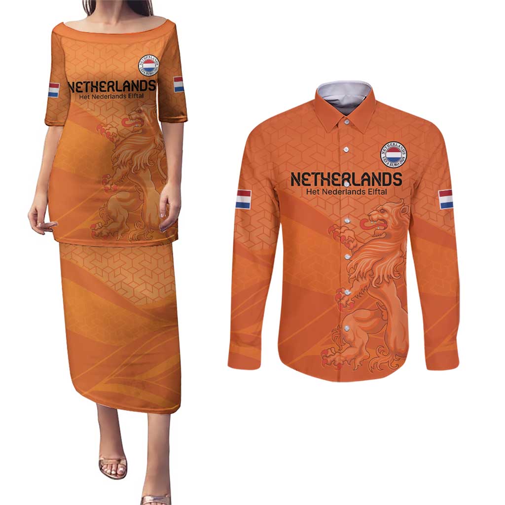 Custom Netherlands Oranje Football Couples Matching Puletasi and Long Sleeve Button Shirt Come On Het Nederlands Elftal LT9 - Wonder Print Shop