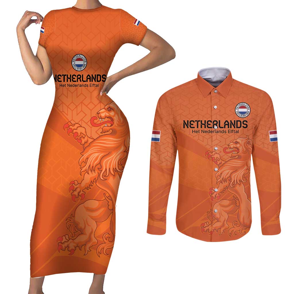 Custom Netherlands Oranje Football Couples Matching Short Sleeve Bodycon Dress and Long Sleeve Button Shirt Come On Het Nederlands Elftal LT9 - Wonder Print Shop