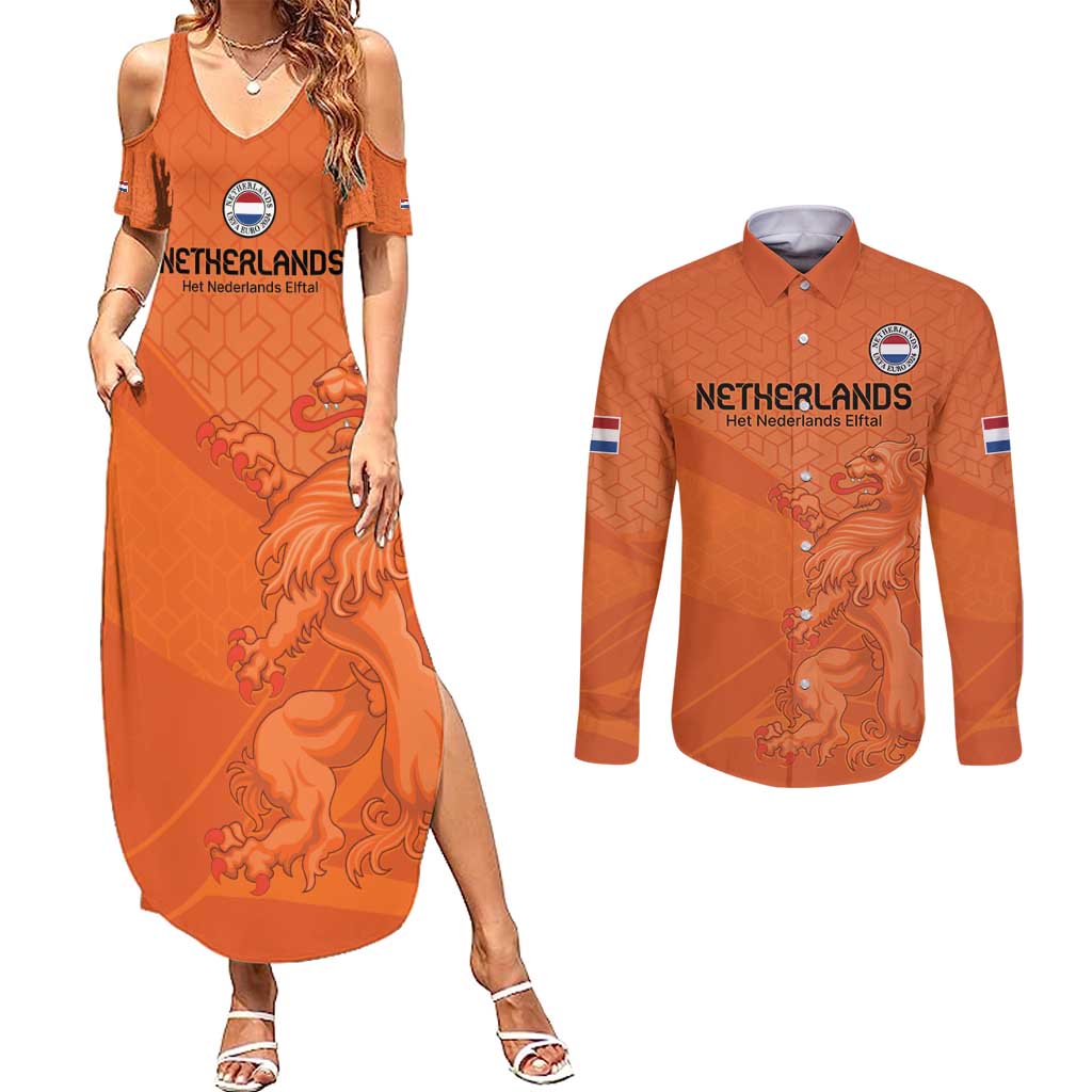 Custom Netherlands Oranje Football Couples Matching Summer Maxi Dress and Long Sleeve Button Shirt Come On Het Nederlands Elftal LT9 - Wonder Print Shop