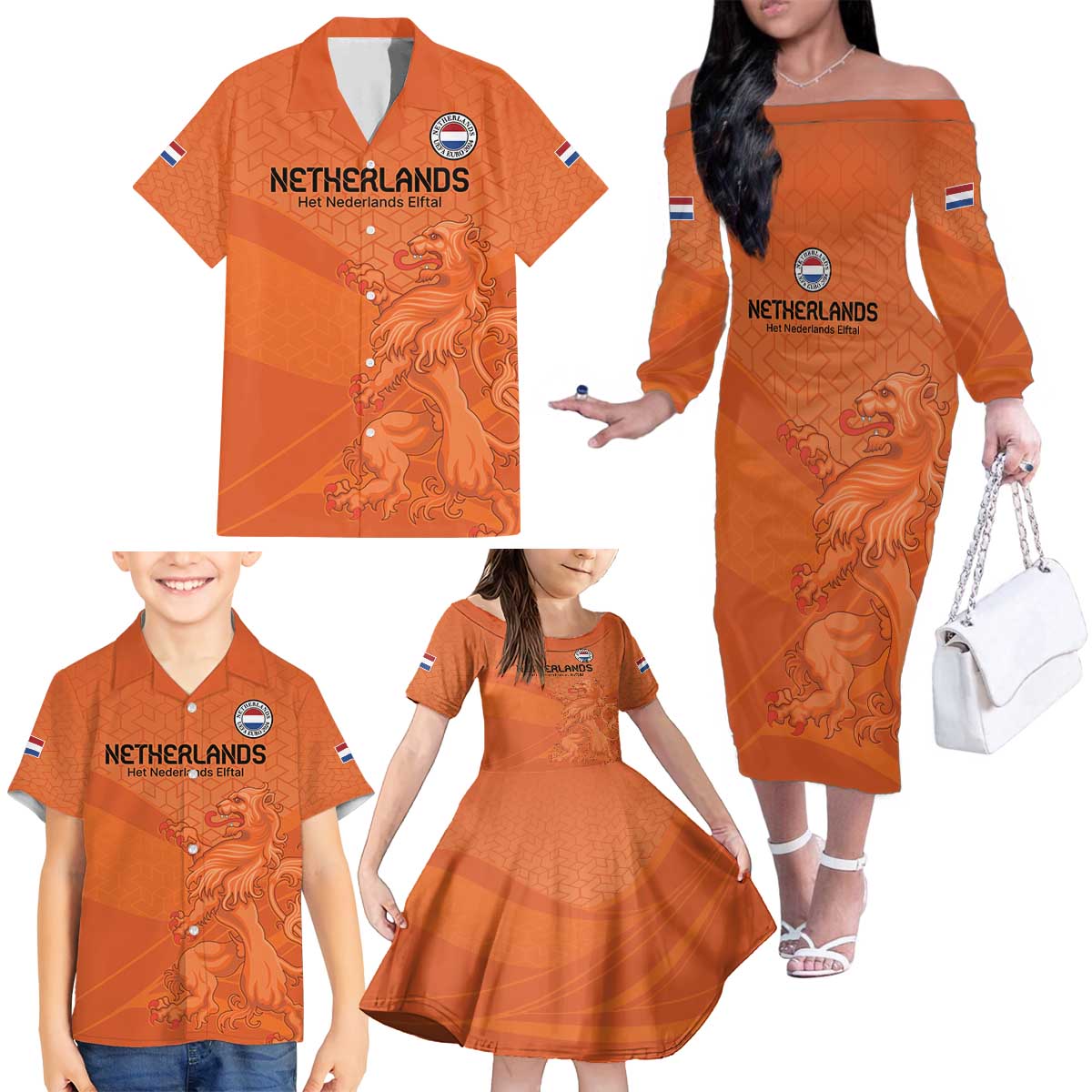 Custom Netherlands Oranje Football Family Matching Off The Shoulder Long Sleeve Dress and Hawaiian Shirt Come On Het Nederlands Elftal - Wonder Print Shop