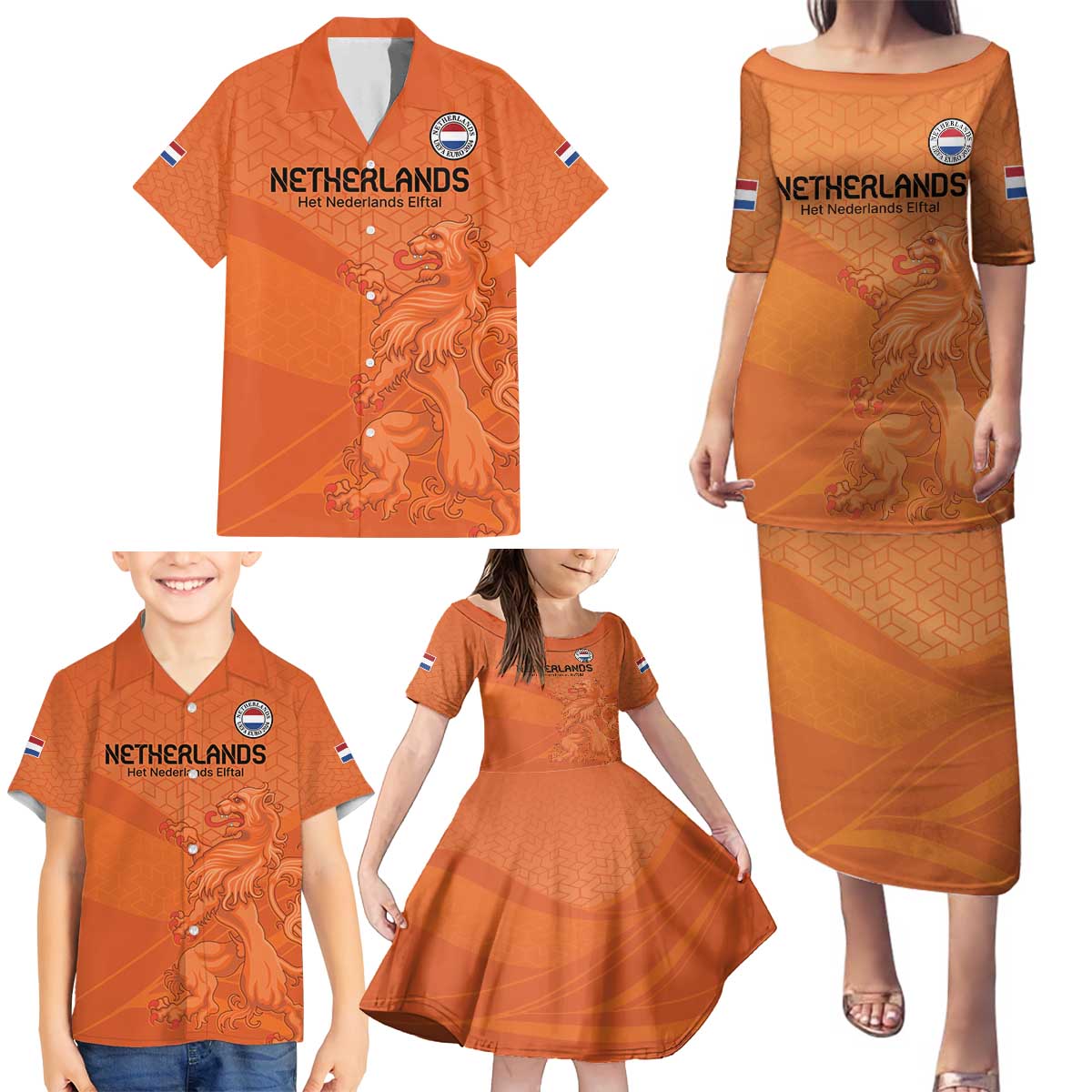 Custom Netherlands Oranje Football Family Matching Puletasi and Hawaiian Shirt Come On Het Nederlands Elftal - Wonder Print Shop