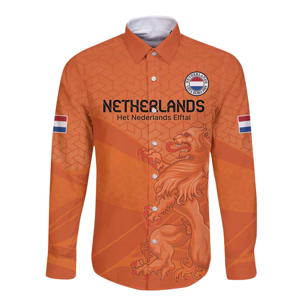 Orange long-sleeve football button shirt, front lion graphic with Netherlands text and crest badge