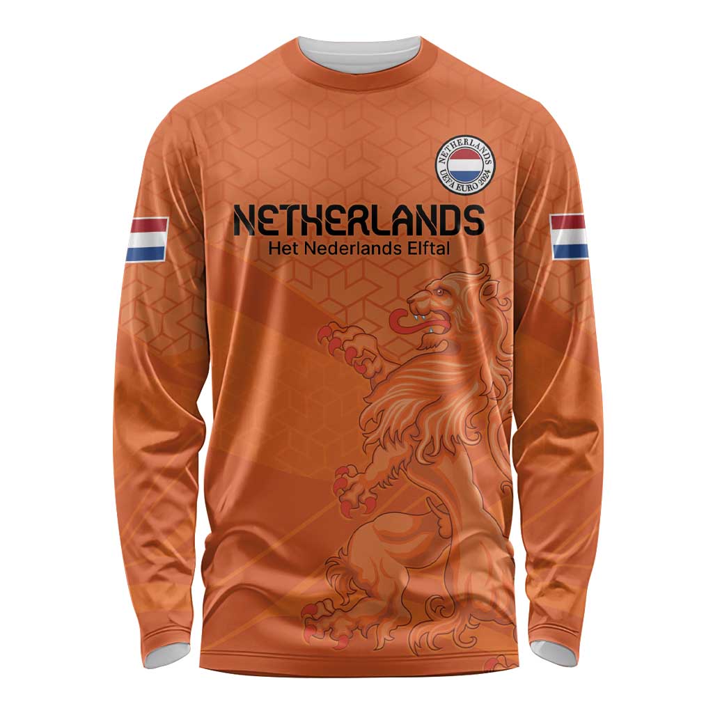 Orange Netherlands football long sleeve jersey with crest, lion graphic, and flag sleeves