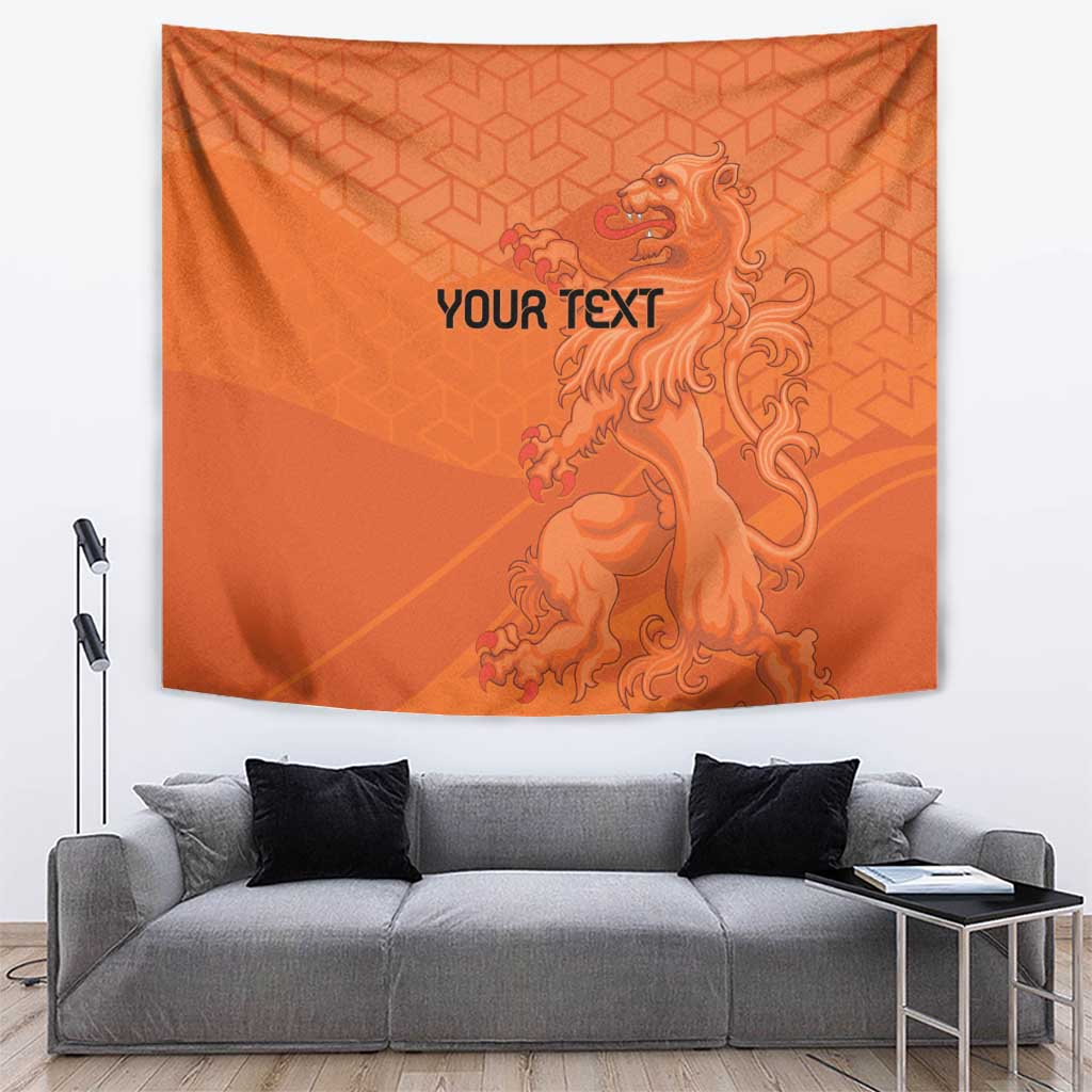Orange football tapestry hanging flat, lion graphic with 'YOUR TEXT' centered