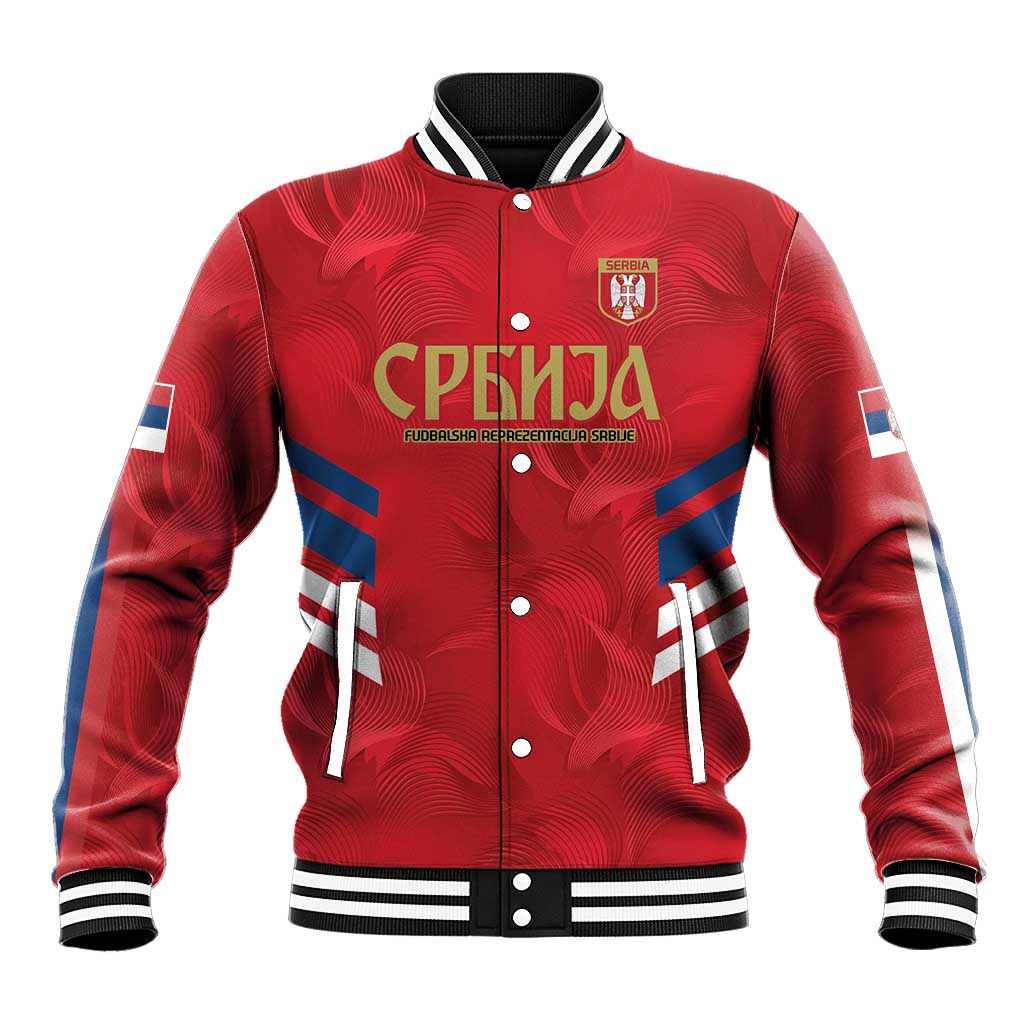 Red Serbia baseball jacket with ribbed collar, front buttons, crest and text graphic