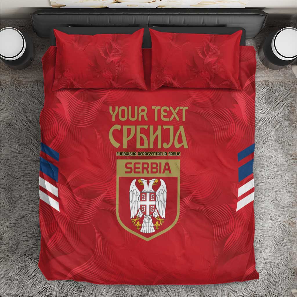 Red Serbia themed bedding set with pillows, crest and blue-striped side stripes