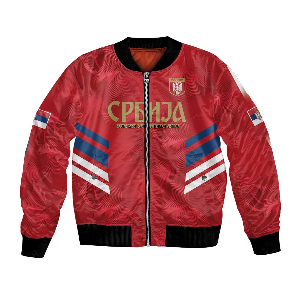 Red unisex football bomber jacket with zip, black rib trim, Serbia crest and flag on front