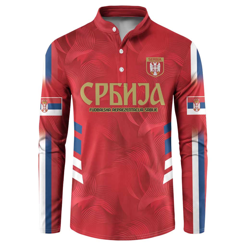 Red Serbia football button sweatshirt, bold Cyrillic print and crest, blue red sleeves