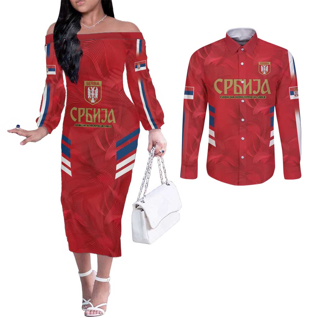 Custom Serbia Football Couples Matching Off The Shoulder Long Sleeve Dress and Long Sleeve Button Shirt Fudbalska reprezentacija Srbije