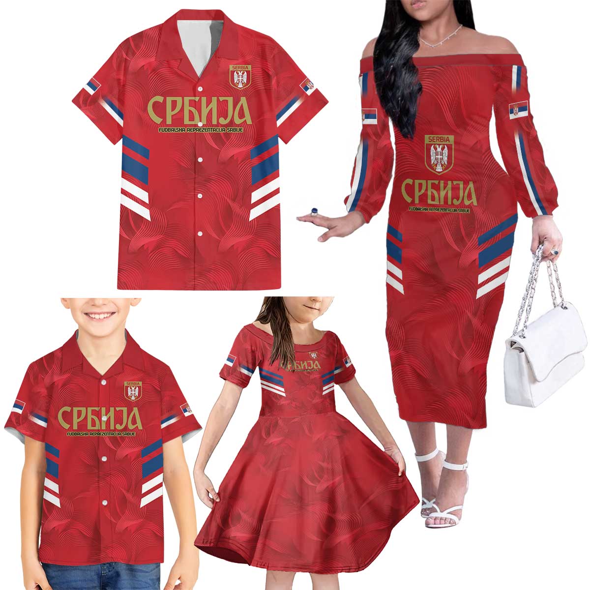 Custom Serbia Football Family Matching Off The Shoulder Long Sleeve Dress and Hawaiian Shirt Fudbalska reprezentacija Srbije - Wonder Print Shop