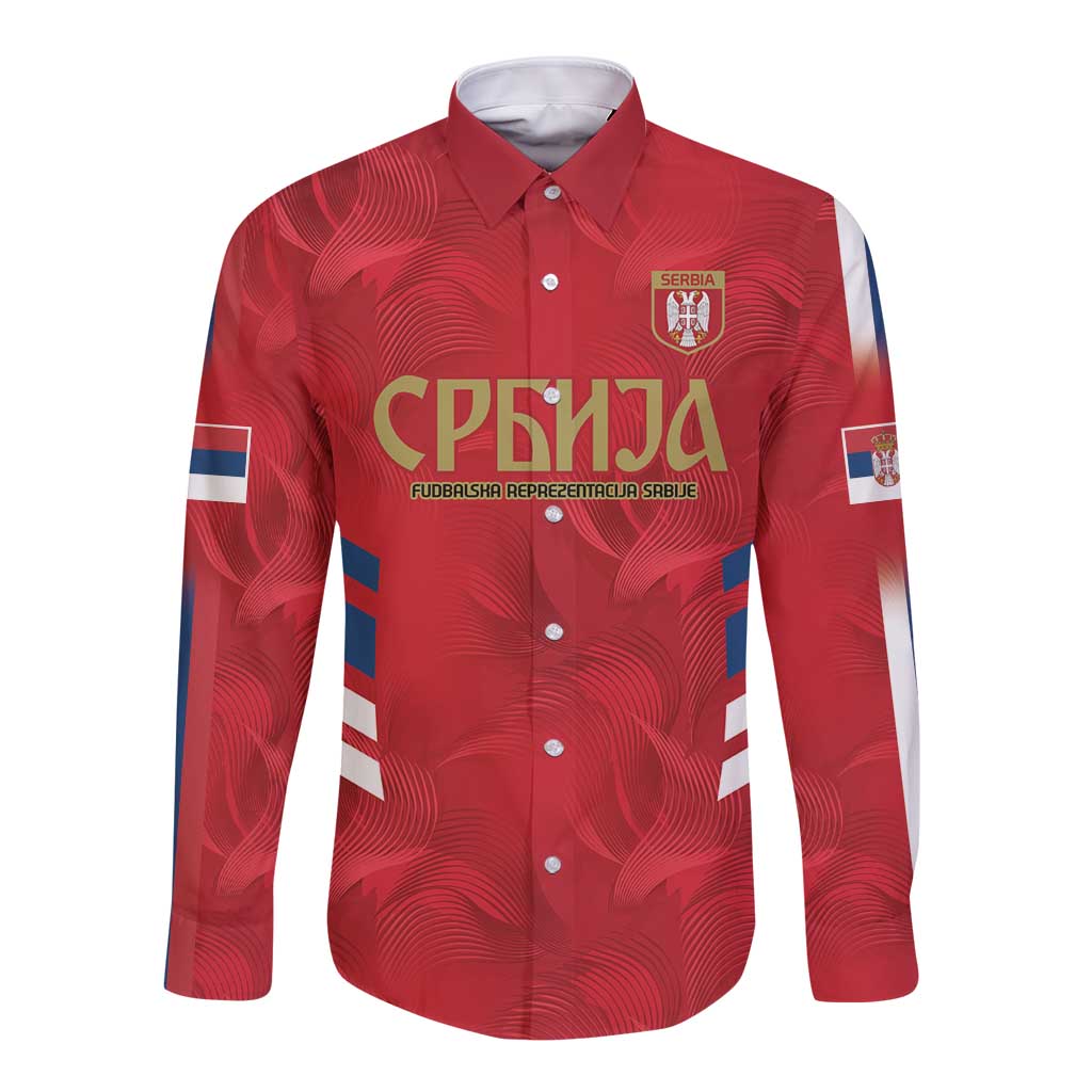 Red long-sleeve button football shirt with crest and Serbia graphic on front