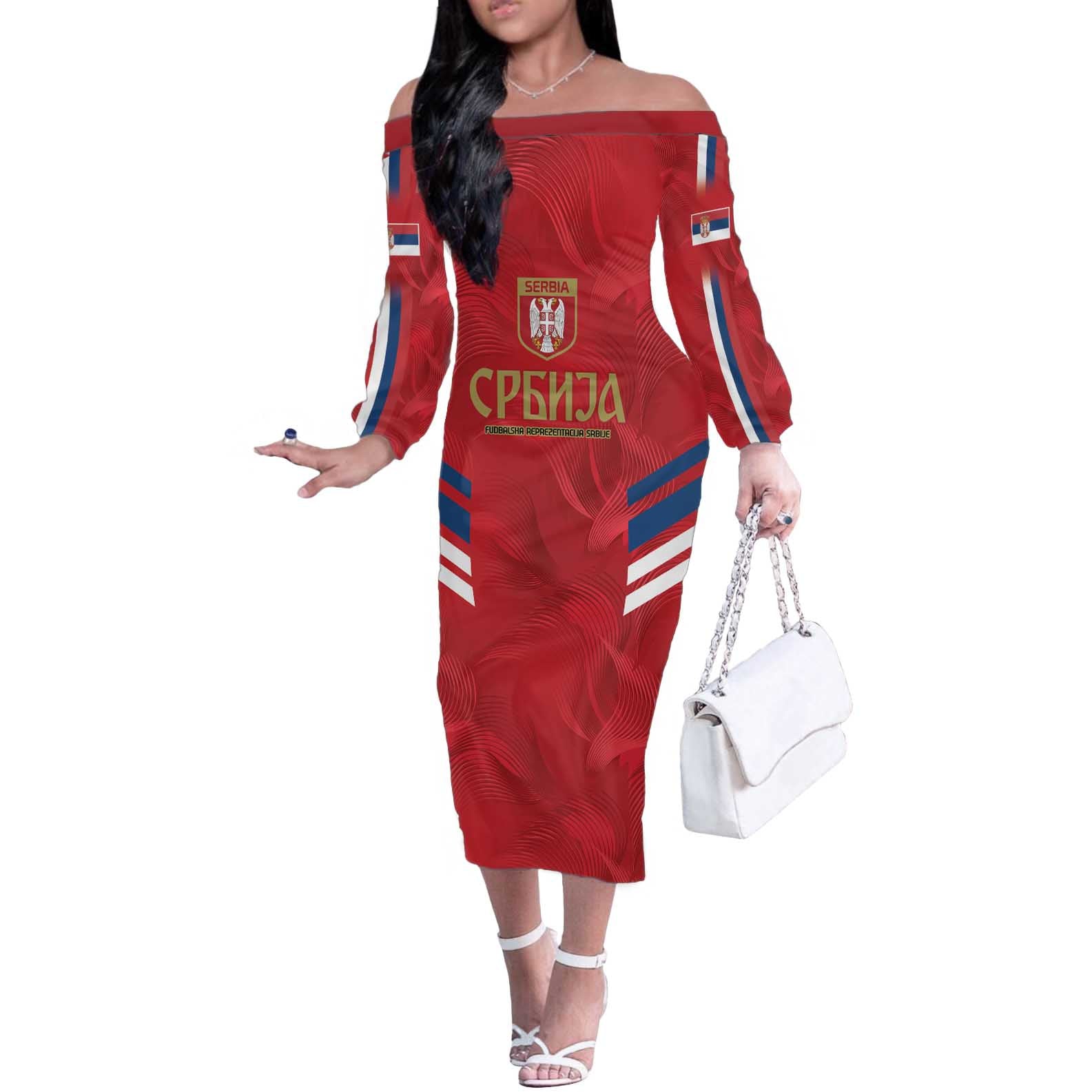 Custom Serbia Football Off The Shoulder Long Sleeve Dress Fudbalska reprezentacija Srbije - Wonder Print Shop