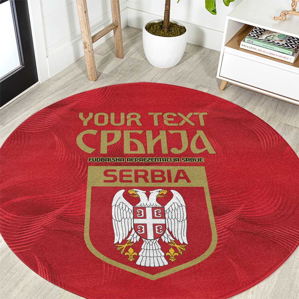 Red circular Serbia rug showing 'YOUR TEXT' and the centered crest