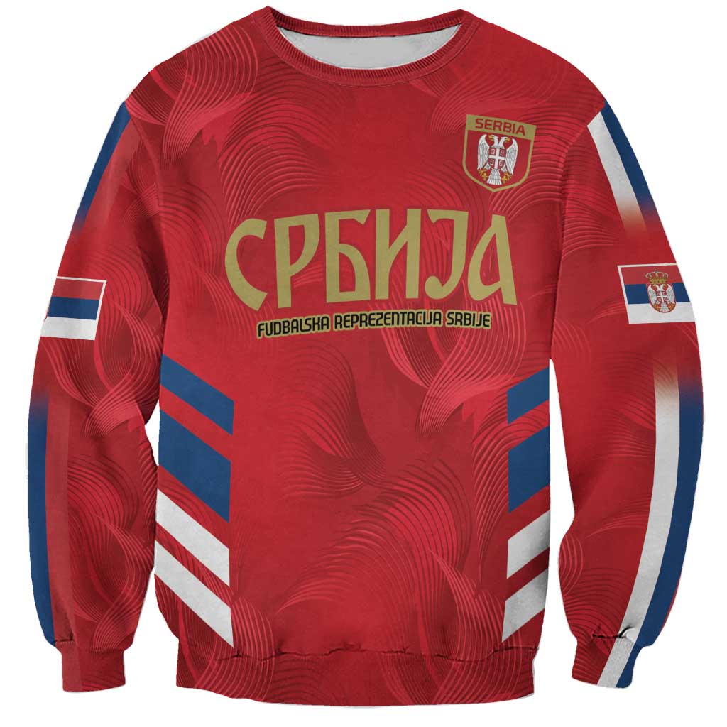 Red Serbia football sweatshirt, front crest with Cyrillic print and striped sleeve patches