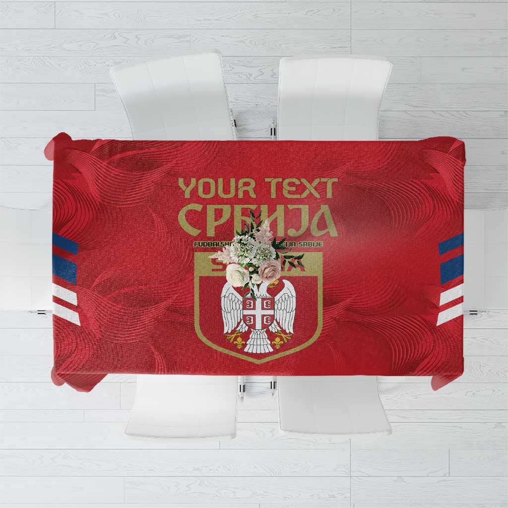 Red Serbia football tablecloth with crest and blue-and-white stripes, folded center view