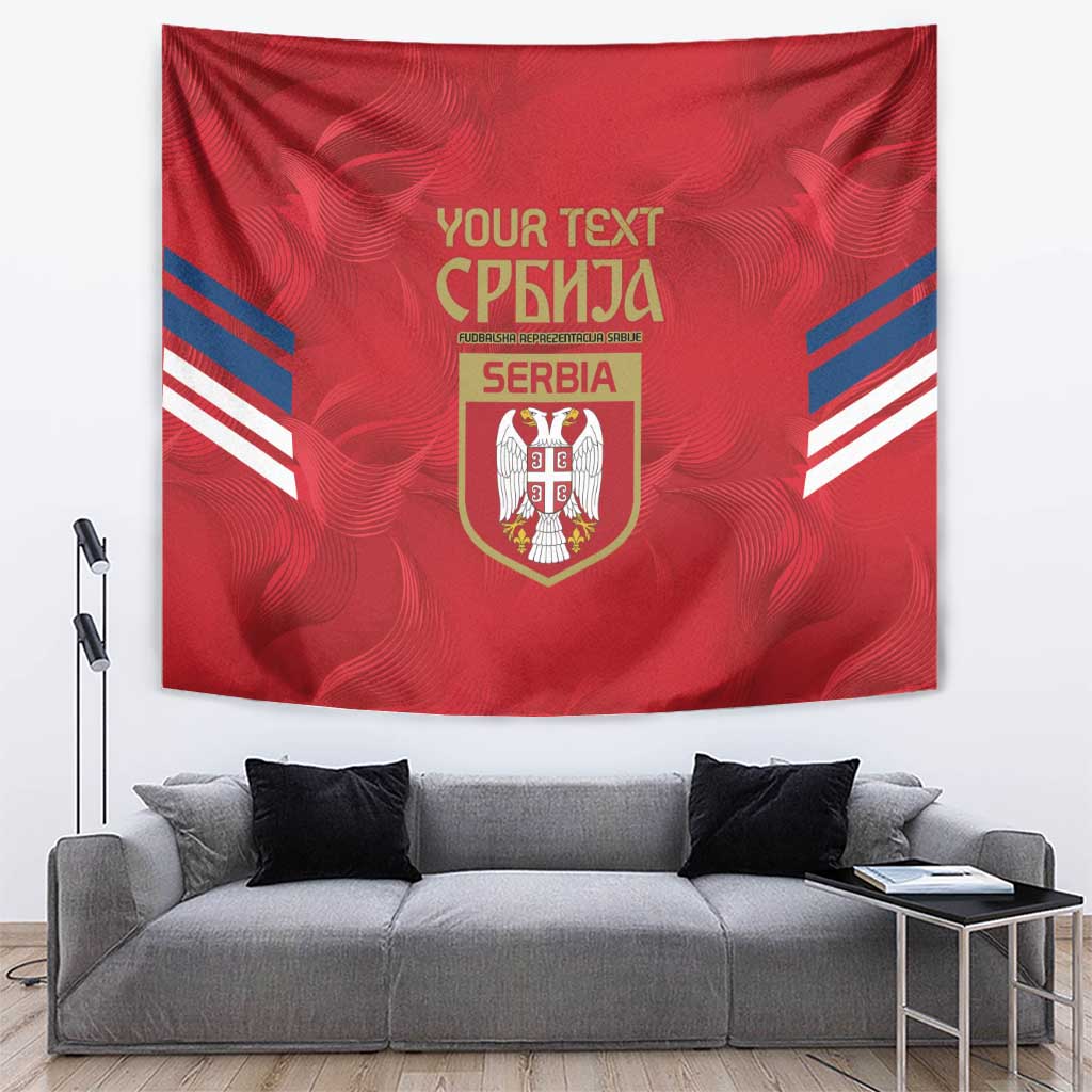 Red Serbia football tapestry with crest shield, blue stripes, and white diagonal bands