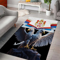 Black rug featuring double-headed eagle spreading wings over Serbian flag