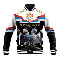 Black unisex baseball jacket with two-headed eagle front graphic and striped ribbed cuffs