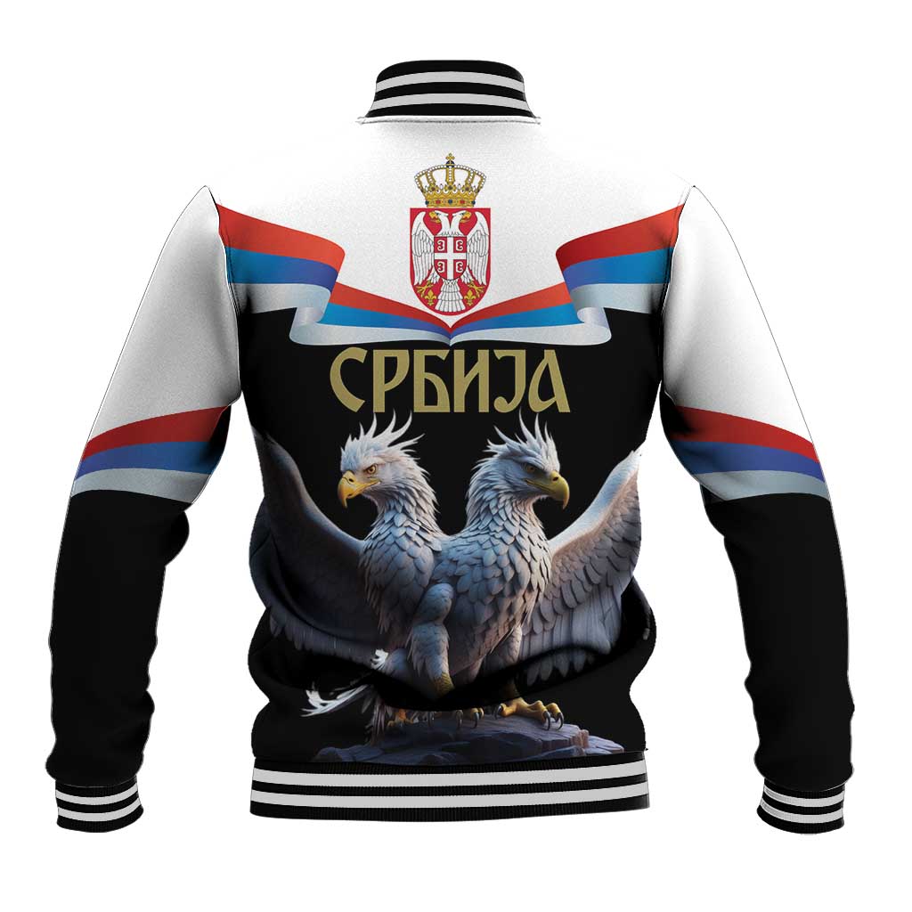 Black unisex baseball jacket with two-headed eagle back graphic and striped ribbed collar