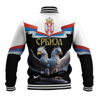 Black unisex baseball jacket with two-headed eagle back graphic and striped ribbed collar