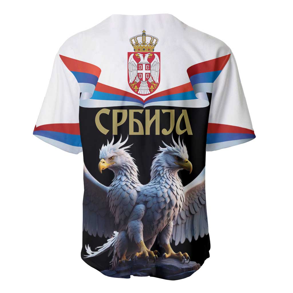 Baseball jersey with Serbian crest, flag stripes, and double-headed eagle back design