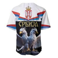 Baseball jersey with Serbian crest, flag stripes, and double-headed eagle back design