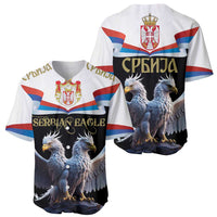 Pair of baseball jerseys showing Serbian flag and double-headed eagle front and back